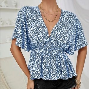 Surplice Neck Dolman Sleeve Ditsy Floral Peplum Top